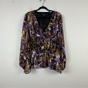 Rachel Rachel Roy | Purple and Gold Artistic Print Long Sleeve Blouse Size 3X